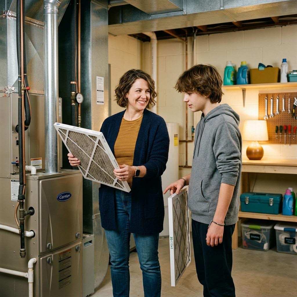A mother and her teenage son checking a furnace filter together