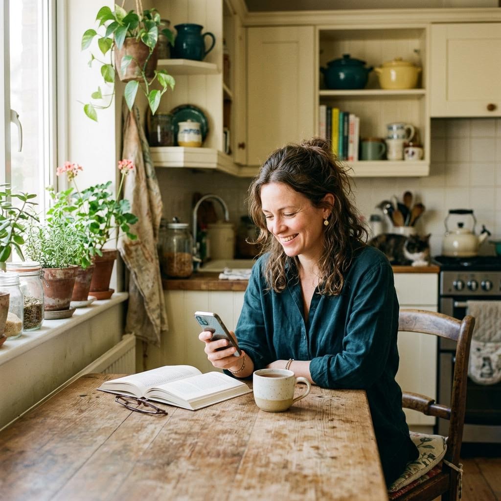 A woman relaxing at her kitchen table with tea, glancing at her phone