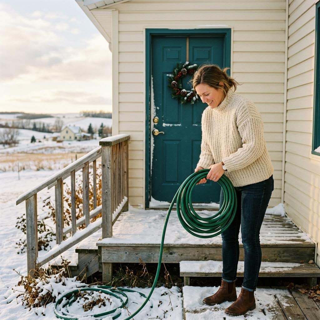 A woman coiling a garden hose on her porch on an early winter afternoon